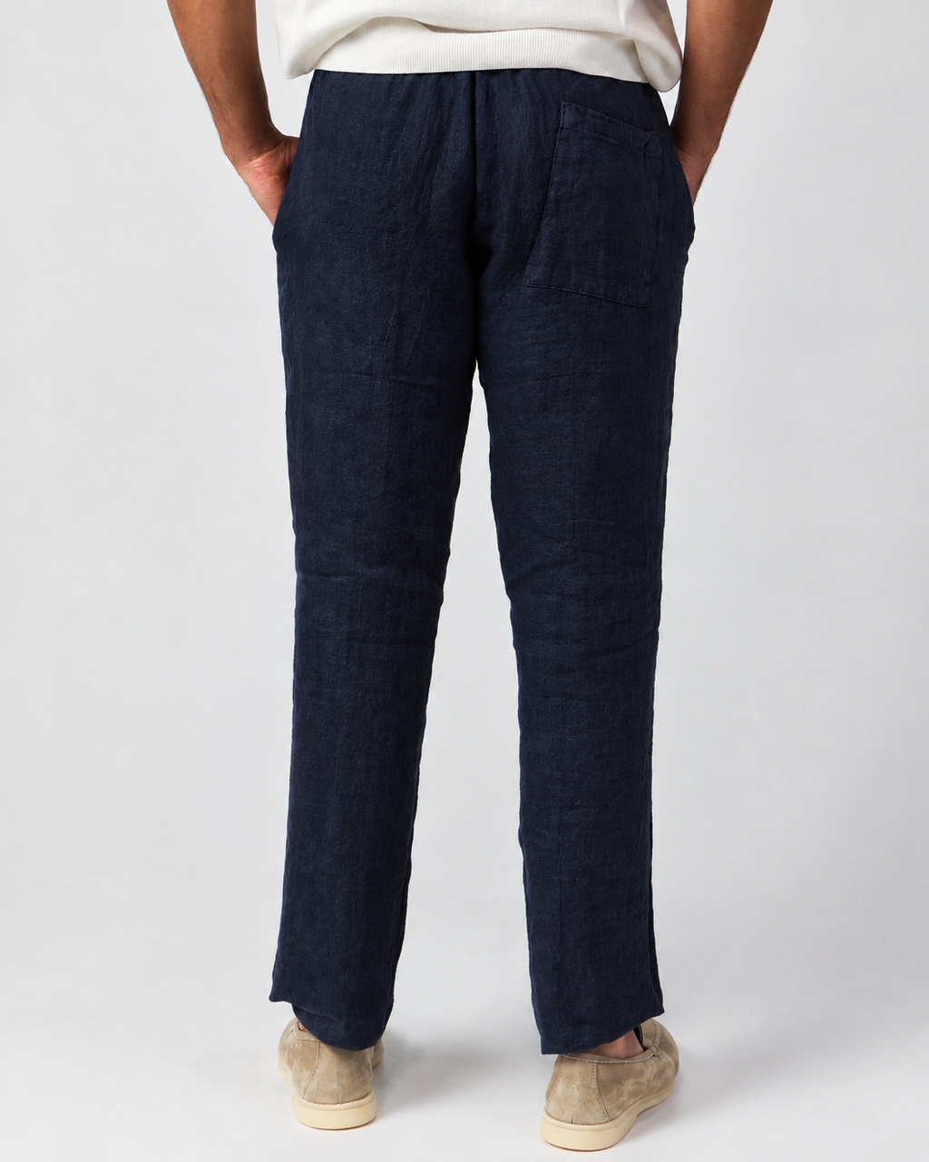 Navy Blue 100% linen drawstring trousers, Amalfi by Aliverti, made in Italy.