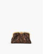 Clutch made of precious snake leather, finished with a golden metal closure, personalized Tramontano.
The bag can be worn on the shoulder thanks to the removable leather shoulder strap.
Unique internal compartment with small leather pocket.

Microfiber inner lining.
Accessories with gold finish.

Material: Snake Elaphe
Dimensions: 26x15X8