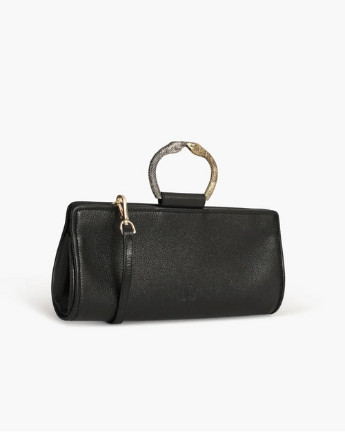Laminated leather clutch with rounding rigid body and removable leather strail strap.Brass double-sided braceletDouble gold and silver color, iconic accessory of the Tramontano archive handcrafted. Top closure with double magnets. Microfiber lining. Accessories in silver finish. Material: shimmer calfDimensions: 31x12x8 cm