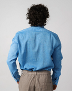 Turquoise blue cotton-linen shirt, classic collar, breathable weave – Fiftieth shirt, Aliverti