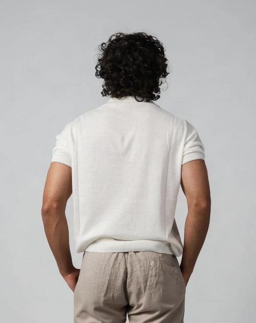 Cream knit polo with Johnny collar, fine knit – Aliverti