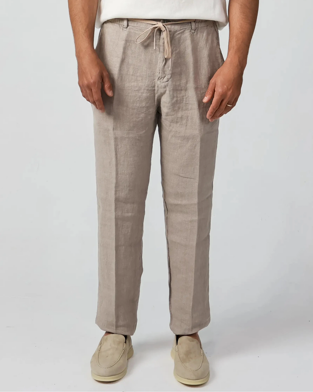 Beige 100% linen drawstring trousers, Amalfi by Aliverti, made in Italy.