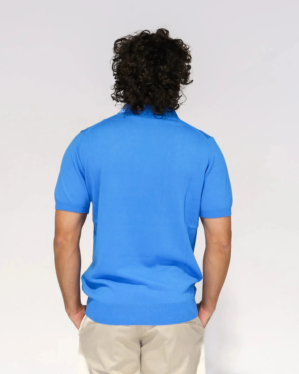 Mediterranean blue knit polo shirt, fine knit, classic collar – Aliverti