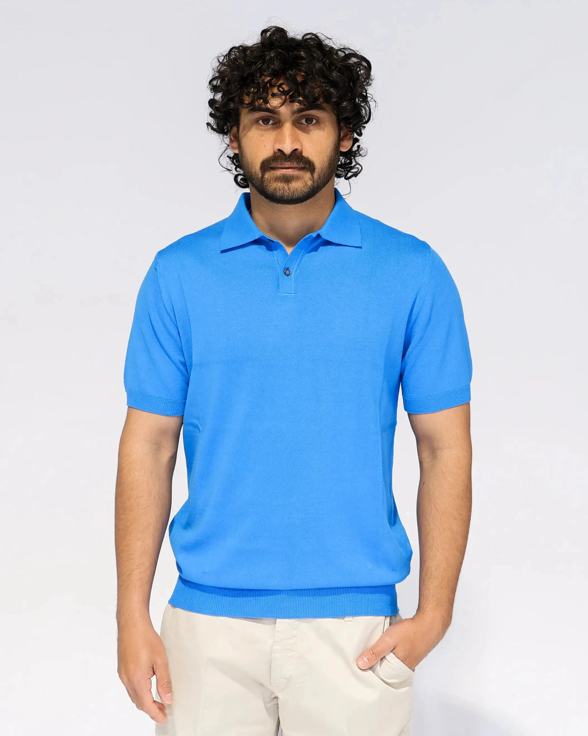 Mediterranean blue knit polo shirt, fine knit, classic collar – Aliverti