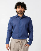 Dark navy blue cotton-linen shirt, classic collar, breathable weave – Fiftieth shirt, Aliverti