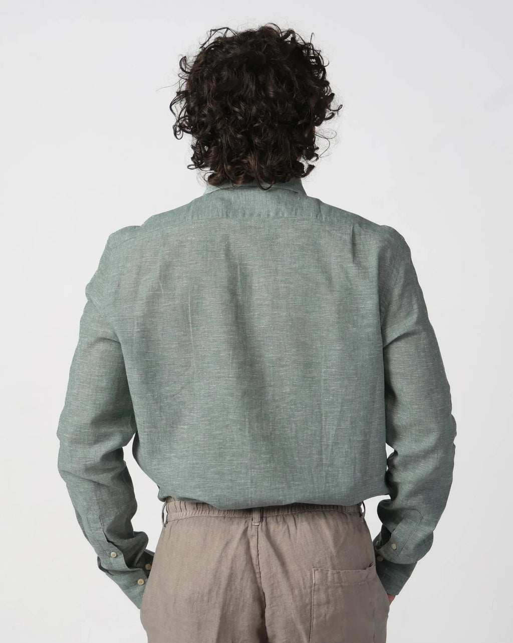 Men's grey-green cotton-linen shirt by Fiftieth. Breathable melange weave, relaxed fit — a versatile layer for warm-weather dressing.