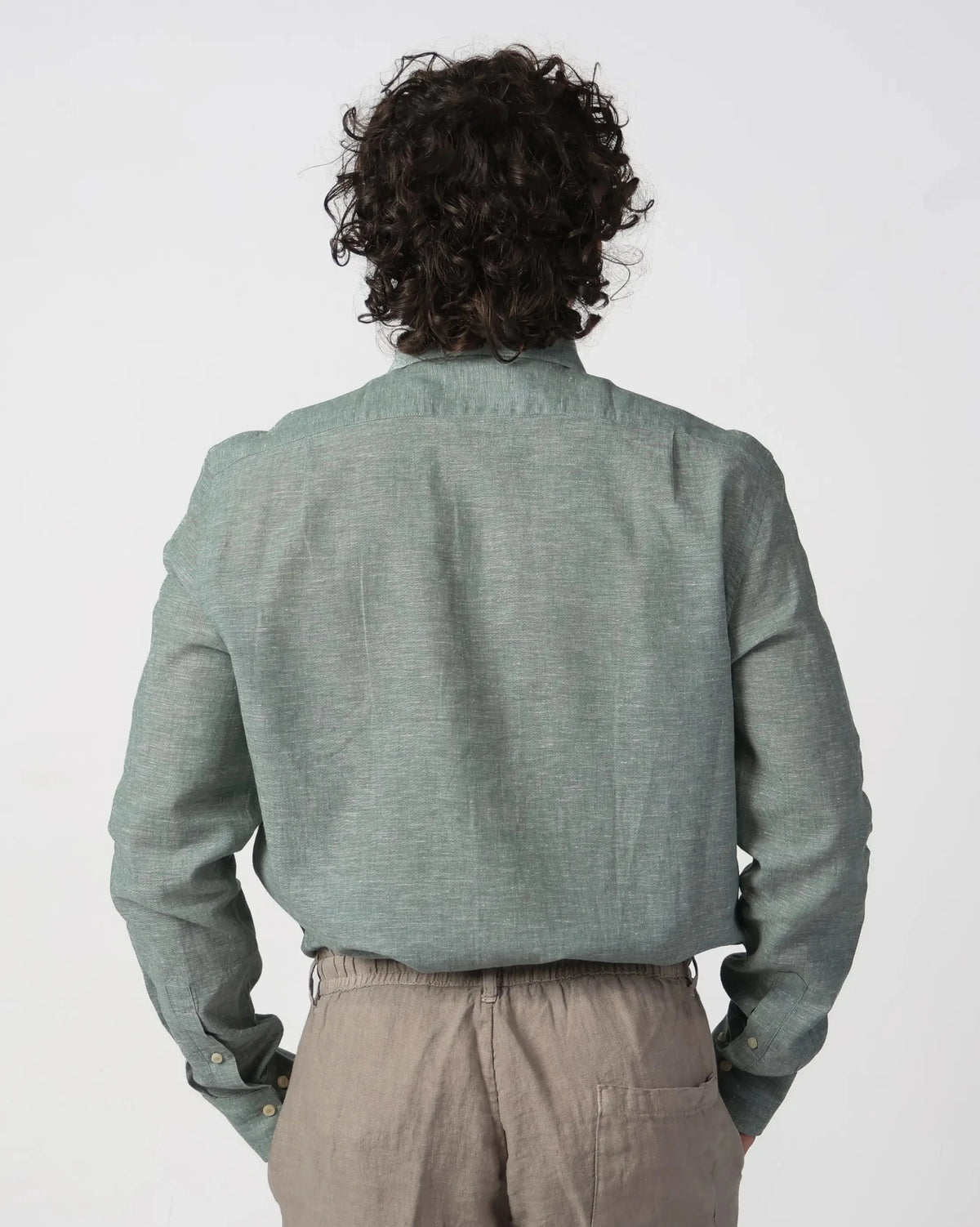 Men's grey-green cotton-linen shirt by Fiftieth. Breathable melange weave, relaxed fit — a versatile layer for warm-weather dressing.