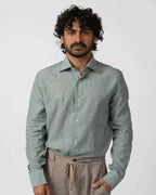 Men's green cotton-linen shirt by Fiftieth. Breathable melange weave, relaxed fit — a versatile layer for warm-weather dressing.