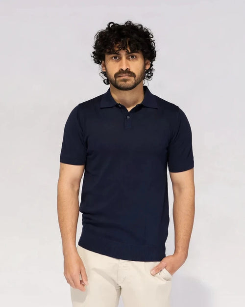 Navy blu knit polo shirt, fine knit, classic collar – Aliverti