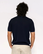 Navy knit polo with Johnny collar, white contrast tipping – Aliverti