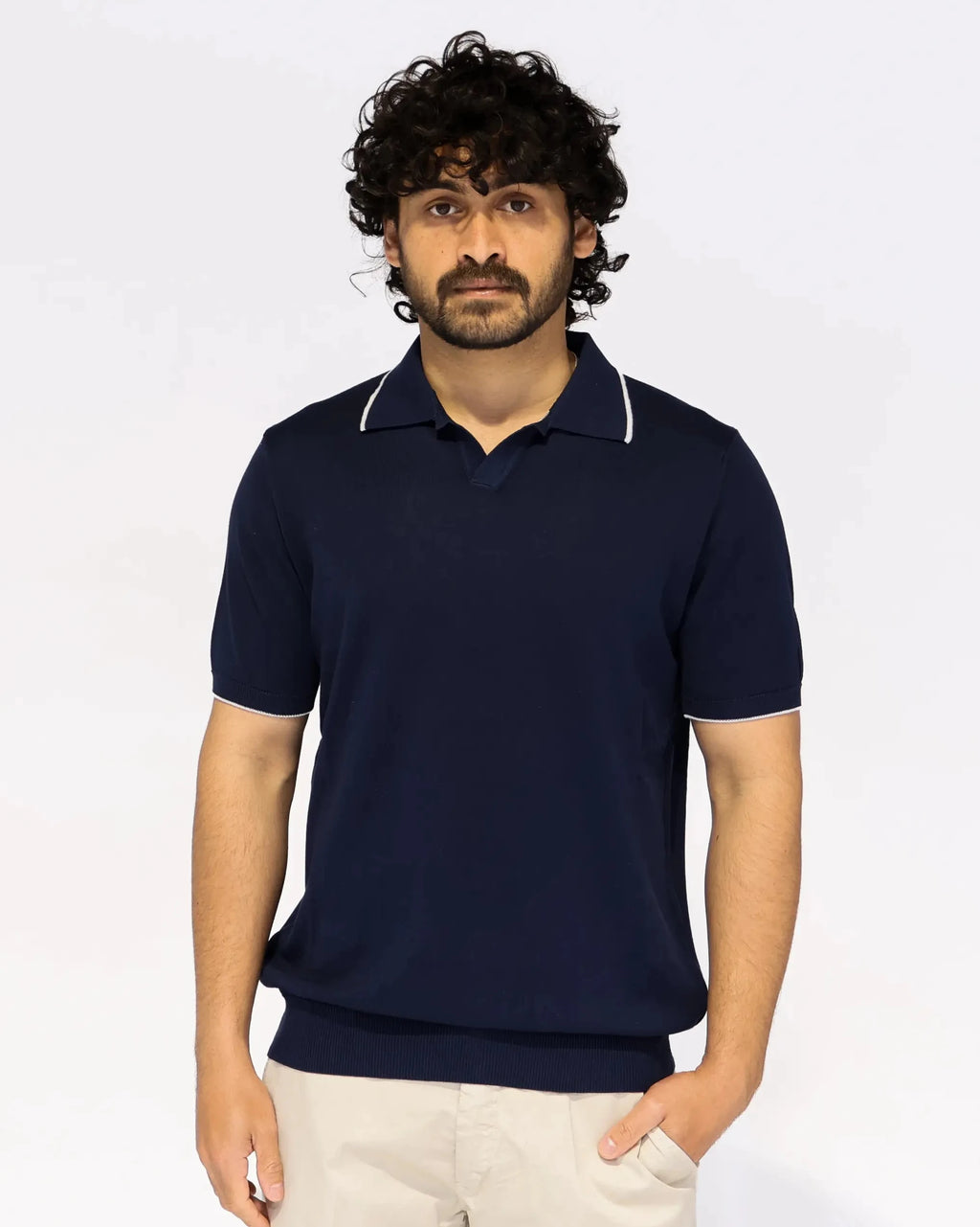 Navy knit polo with Johnny collar, white contrast tipping – Aliverti