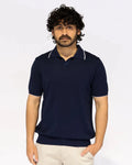 Navy knit polo with Johnny collar, white contrast tipping – Aliverti