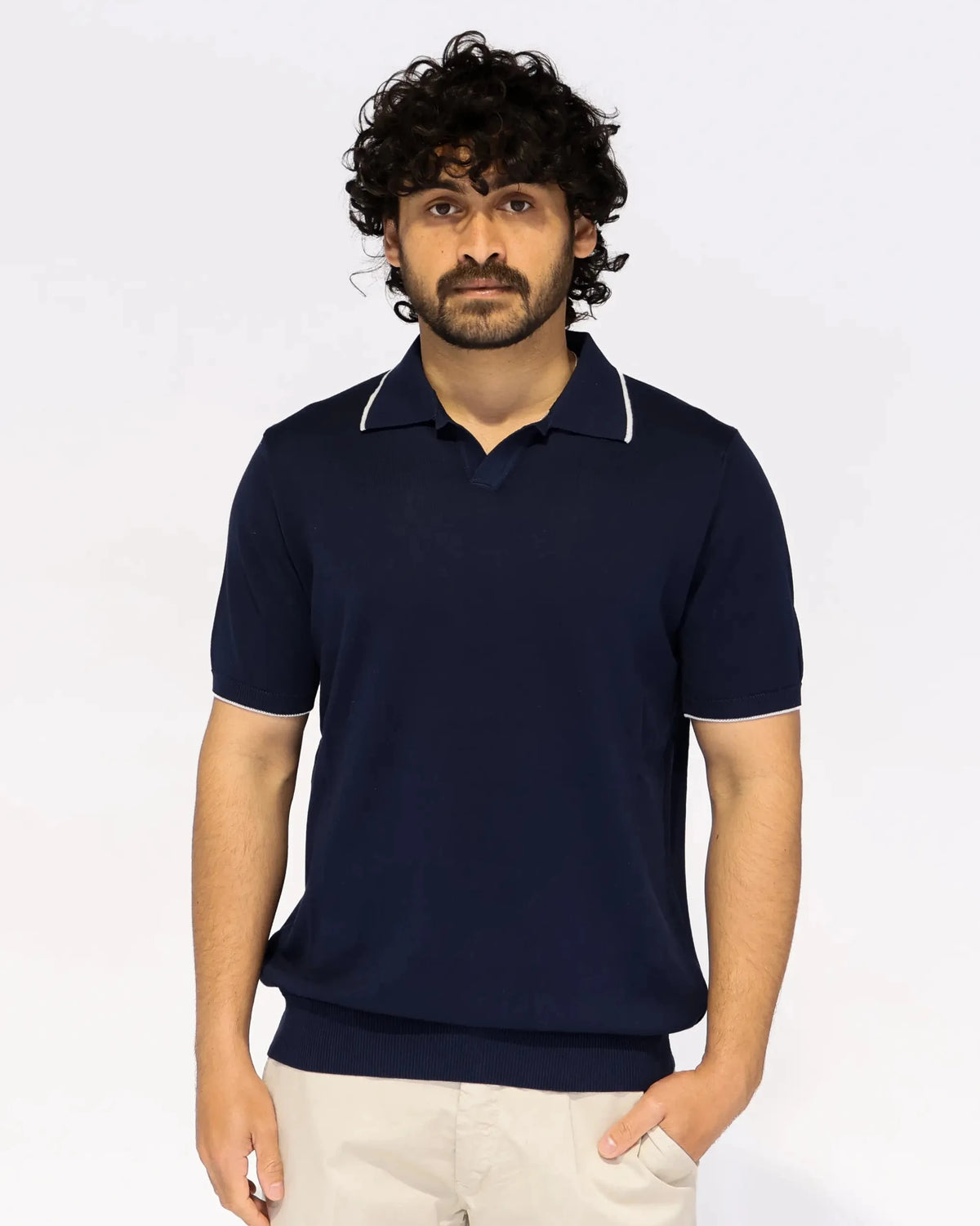 Navy knit polo with Johnny collar, white contrast tipping – Aliverti