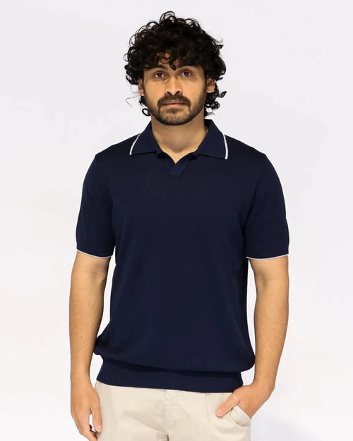 Navy knit polo with Johnny collar, white contrast tipping – Aliverti