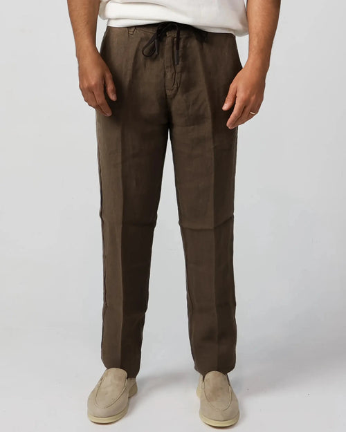 Dark brown (Moro) 100% linen drawstring trousers, Amalfi by Aliverti, made in Italy.