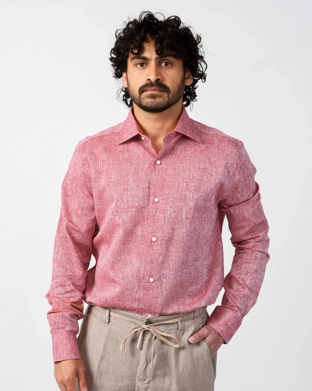 Red-pink melange cotton-linen shirt, classic collar with chest pocket – Fiftieth shirt, Aliverti