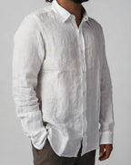 White 100% linen shirt with classic collar and button-down placket, Camicia 7231 by Aliverti, made in Italy.