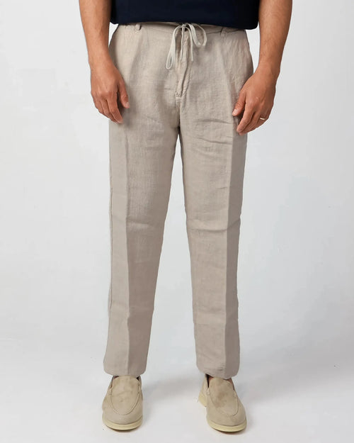Taupe grey (Fango) 100% linen drawstring trousers, Amalfi by Aliverti, made in Italy.