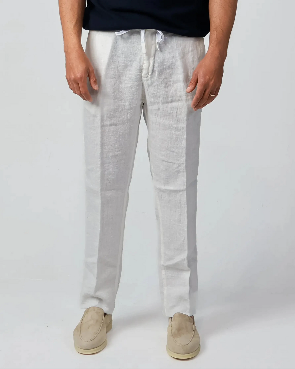 White 100% linen drawstring trousers, Amalfi by Aliverti, made in Italy.