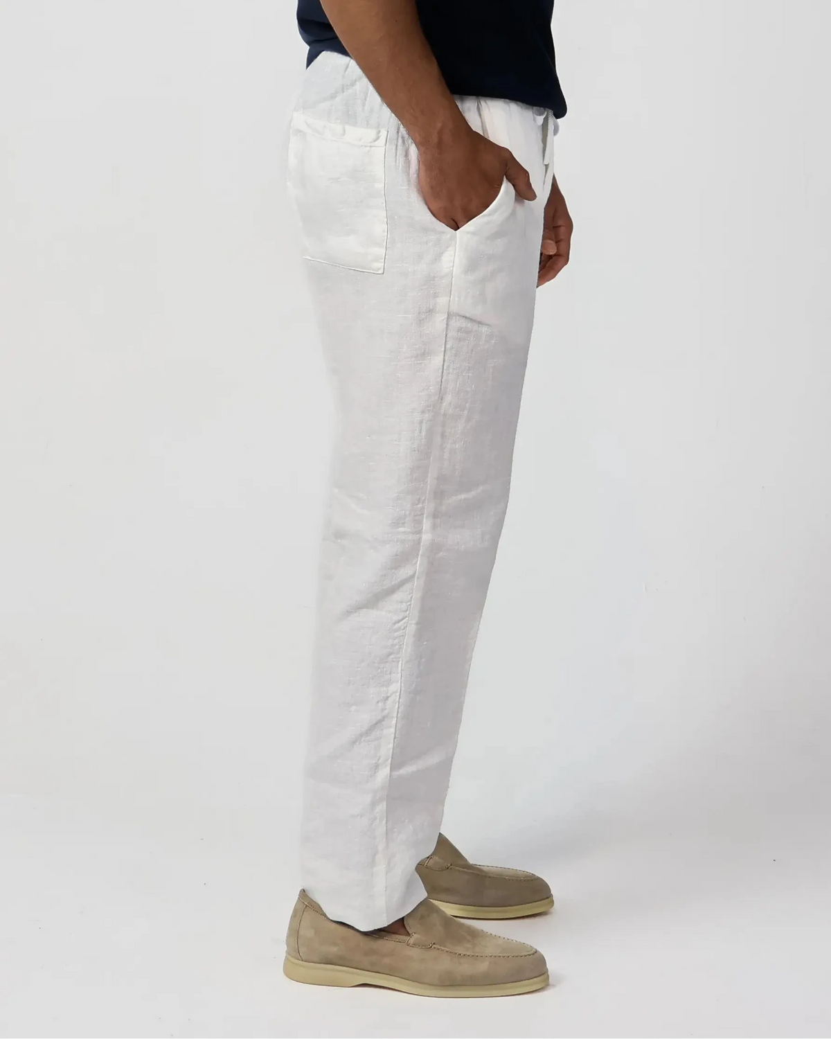 White 100% linen drawstring trousers, Amalfi by Aliverti, made in Italy.
