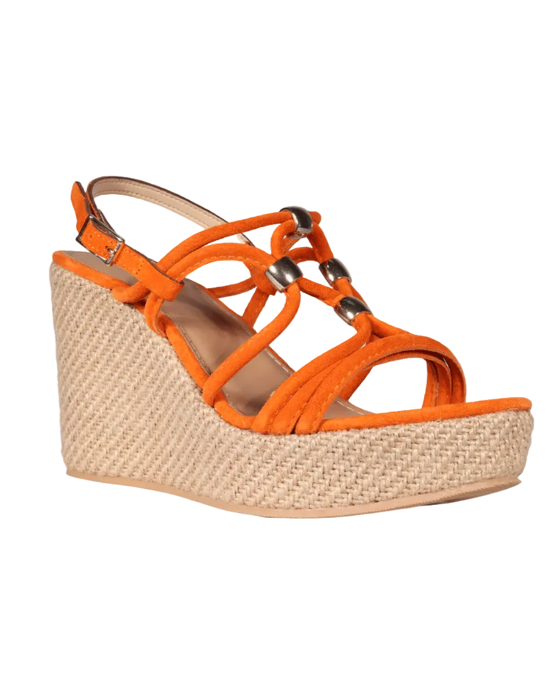 Ladies Italian Genuine Suede Leather Raffia Wedge Sandal in Arancio by Aliverti