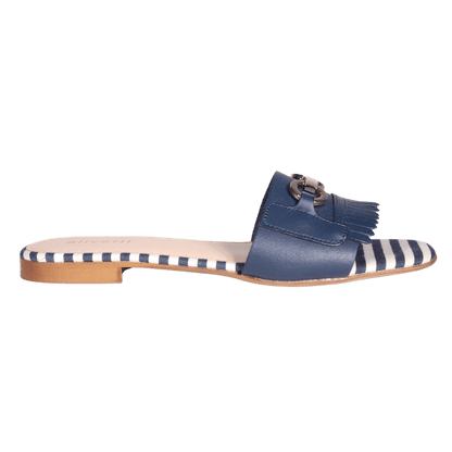 Ladies Italian Genuine Leather Striped Flat Sandal in Navy by Aliverti