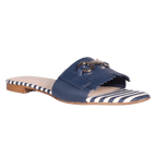 Ladies Italian Genuine Leather Striped Flat Sandal in Navy by Aliverti