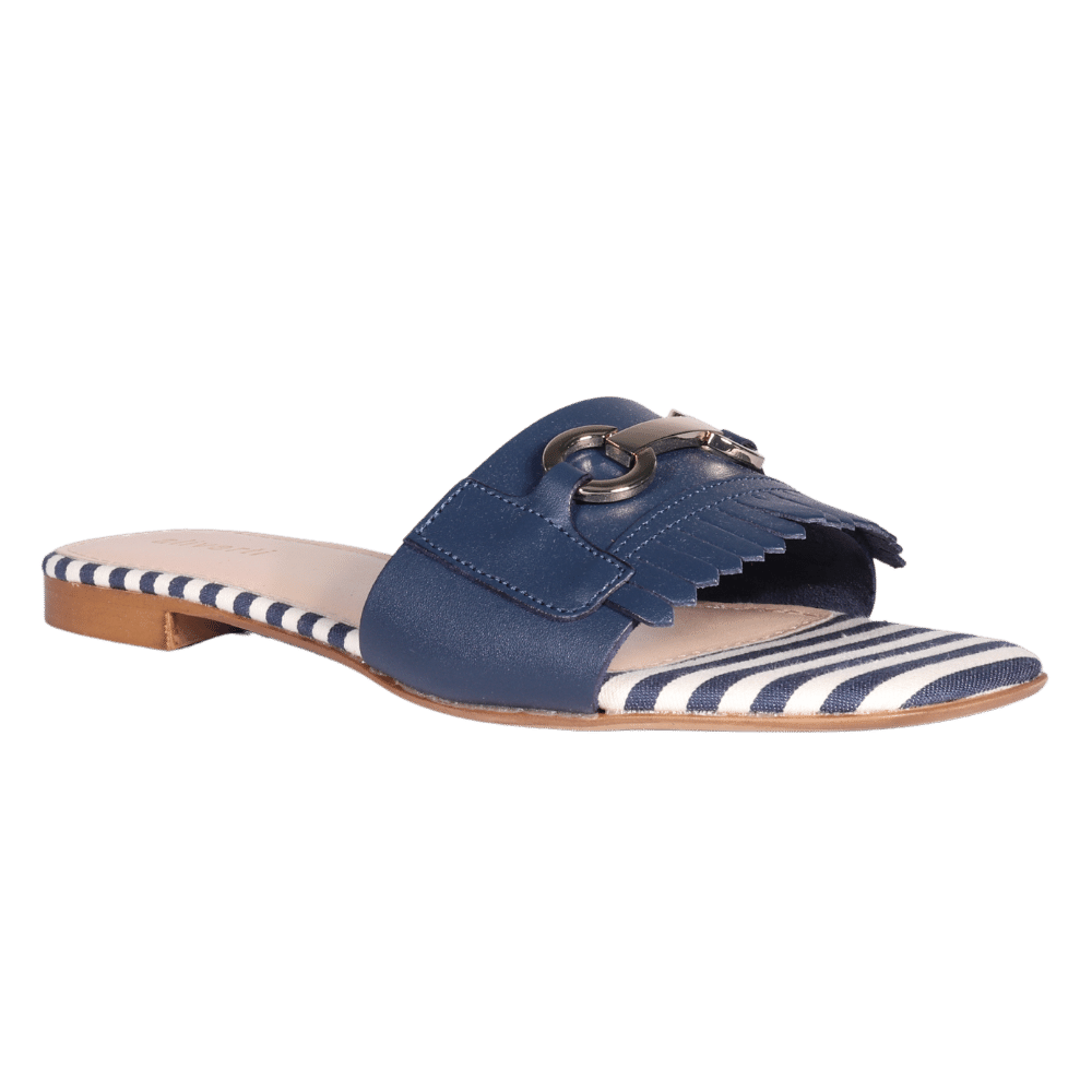 Ladies Italian Genuine Leather Striped Flat Sandal in Navy by Aliverti