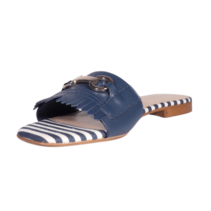 Ladies Italian Genuine Leather Striped Flat Sandal in Navy by Aliverti