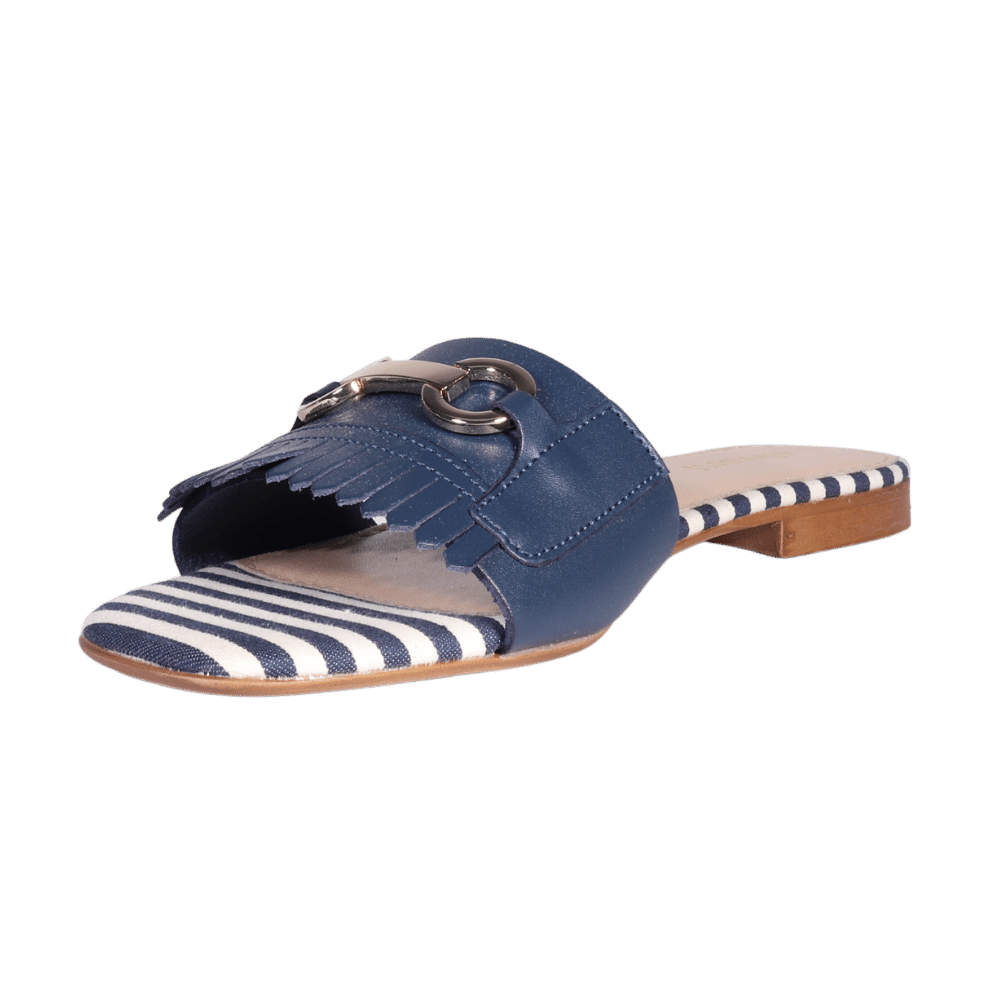 Ladies Italian Genuine Leather Striped Flat Sandal in Navy by Aliverti