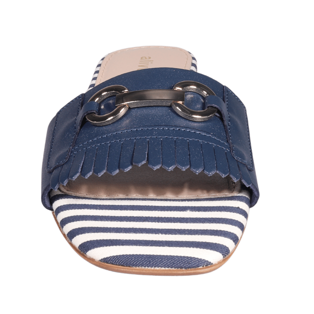 Ladies Italian Genuine Leather Striped Flat Sandal in Navy by Aliverti