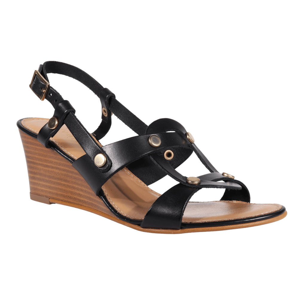 Ladies black leather wedge sandals best sale