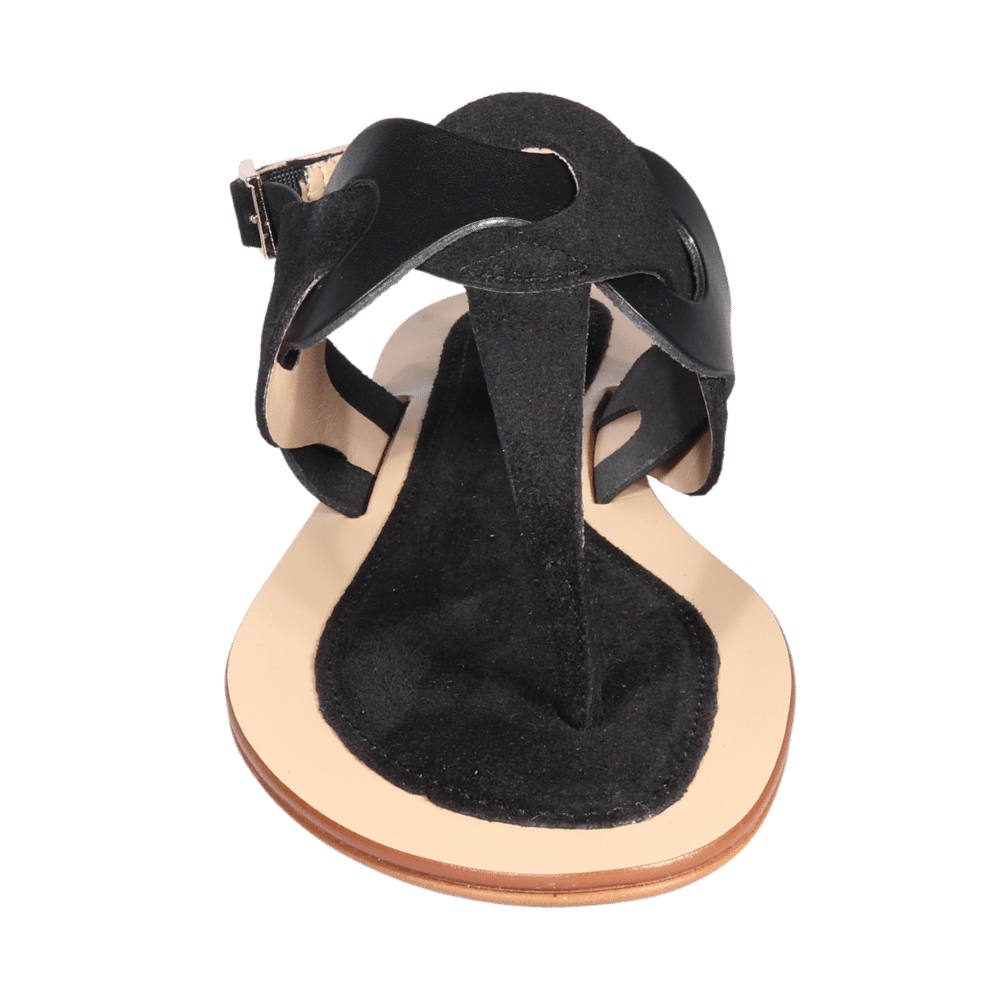 Ladies Italian Genuine Suede Leather T-Bar Flat Sandal in Nero by Aliverti