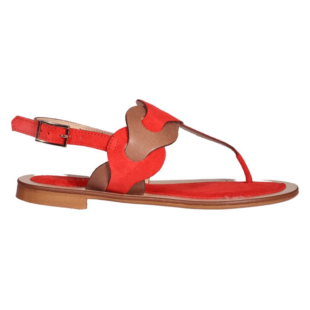 Ladies Italian Genuine Suede Leather T-Bar Flat Sandal in Tobacco & Red by Aliverti