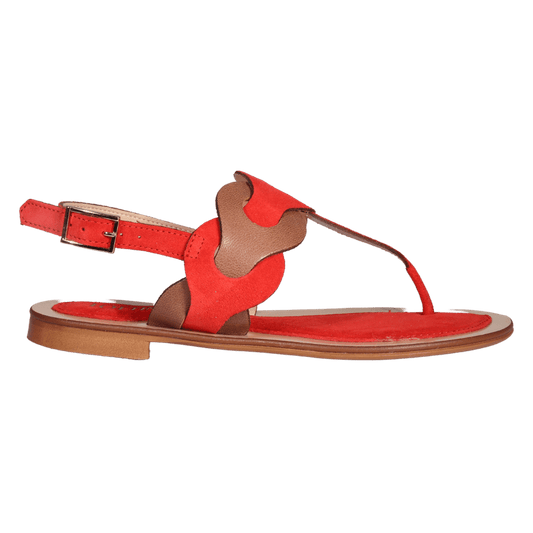 Ladies Italian Genuine Suede Leather T-Bar Flat Sandal in Tobacco & Red by Aliverti