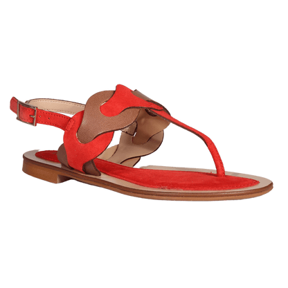 Ladies Italian Genuine Suede Leather T-Bar Flat Sandal in Tobacco & Red by Aliverti