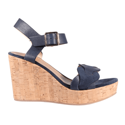 Ladies Italian Genuine Suede Leather Wedge Cork Sandal in Navy by Aliverti