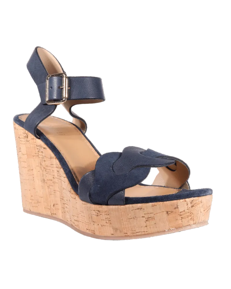 Ladies Italian Genuine Suede Leather Wedge Cork Sandal in Navy by Aliverti