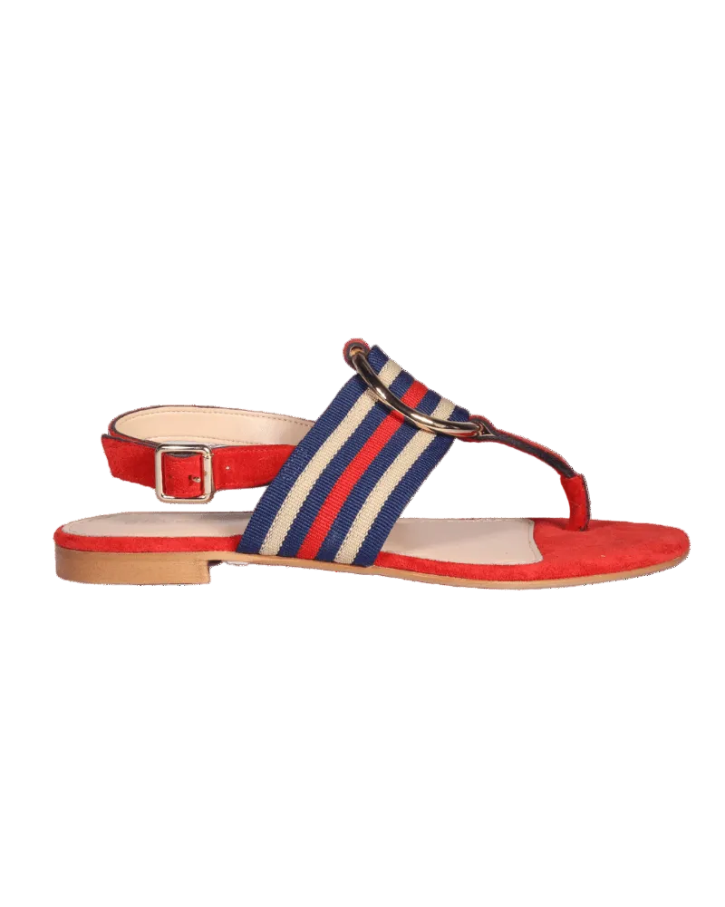 Ladies Italian Genuine Suede Leather & Fabric Flat Sandal with Stripe Detail in Corallo by Aliverti