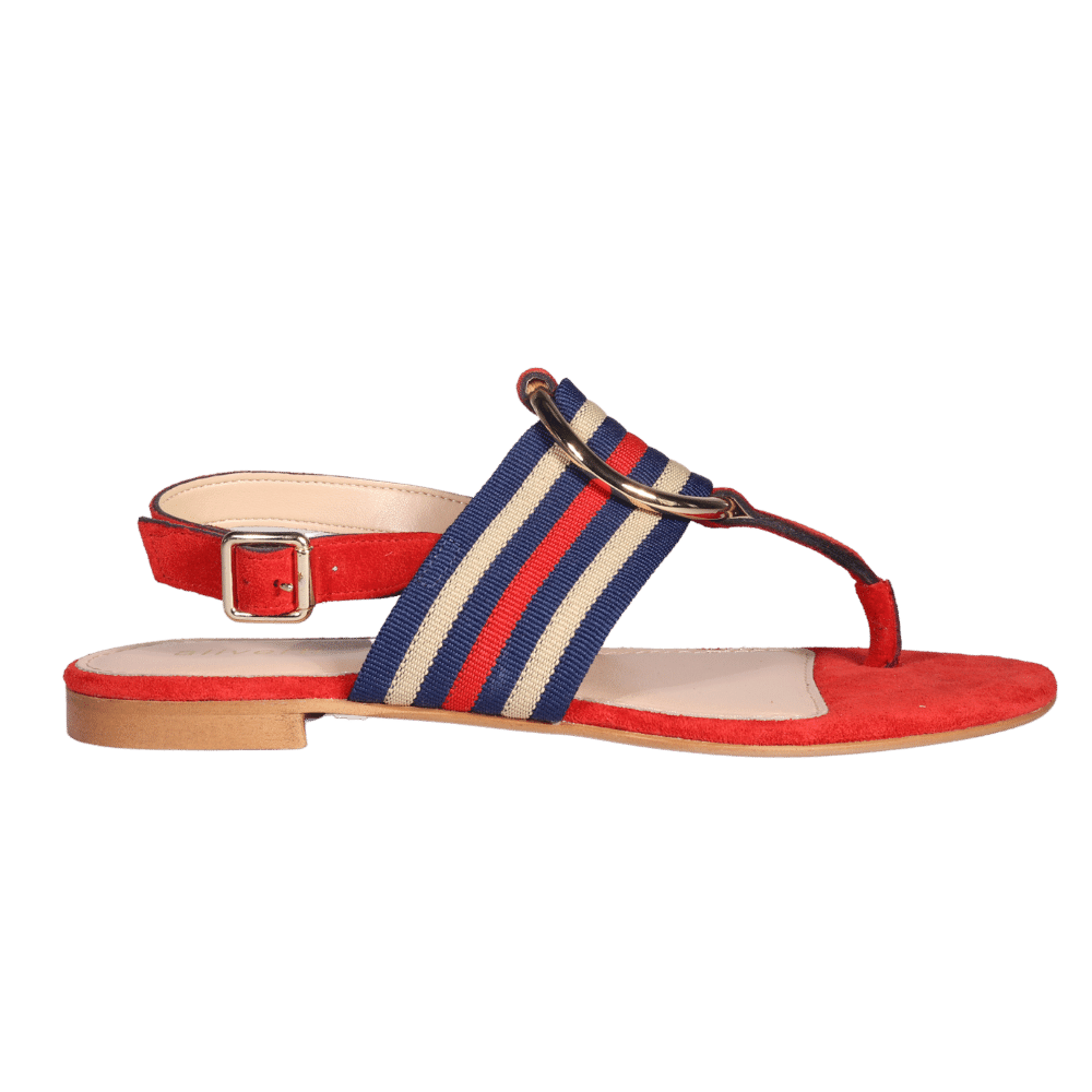 Ladies Italian Genuine Suede Leather & Fabric Flat Sandal with Stripe Detail in Corallo by Aliverti