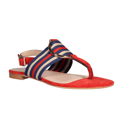 Ladies Italian Genuine Suede Leather & Fabric Flat Sandal with Stripe Detail in Corallo by Aliverti
