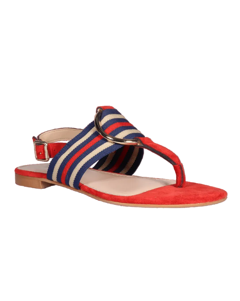 Ladies Italian Genuine Suede Leather & Fabric Flat Sandal with Stripe Detail in Corallo by Aliverti