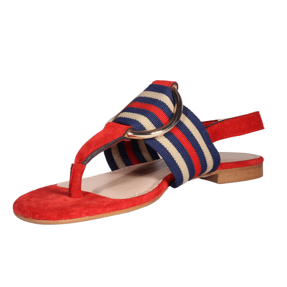 Ladies Italian Genuine Suede Leather & Fabric Flat Sandal with Stripe Detail in Corallo by Aliverti