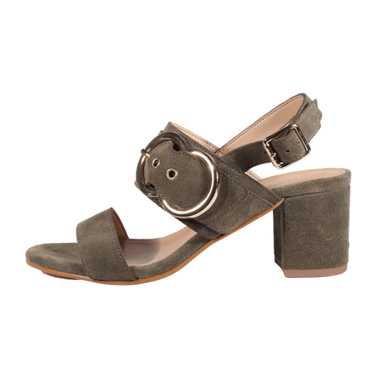 Ladies Medium Heel Sandal - Leather Suede Kaki - AL19103