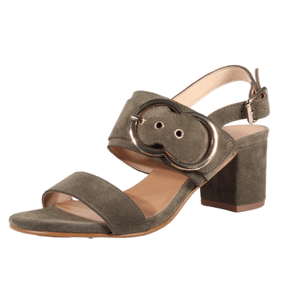 Ladies Medium Heel Sandal - Leather Suede Kaki - AL19103
