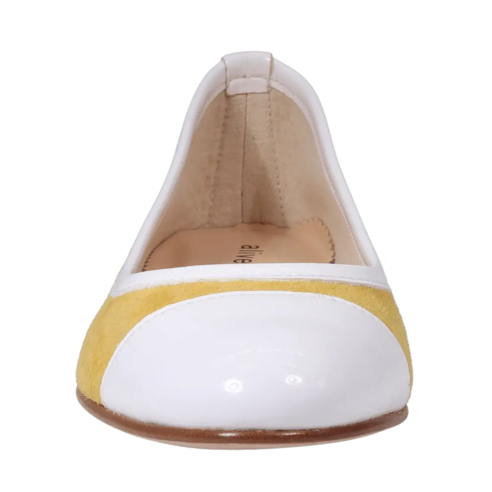 Ladies Classic Ballerina - Leather Suede Senape and Patent White - ESE511