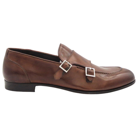 Men's Genuine Leather Italian Double Buckle Moccasin in Brown (BR10038)