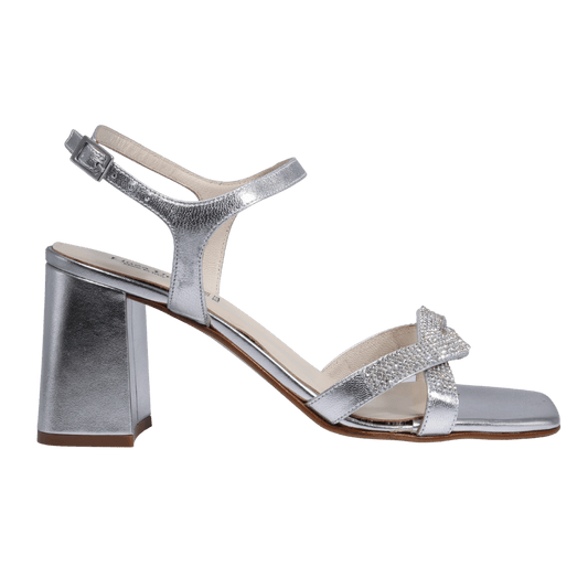 Ladies genuine leather block heel in silver with diamante/diamond finishings with adjustable ankle strap made in Italy exclusively for Aliverti (LUF1607MARG)