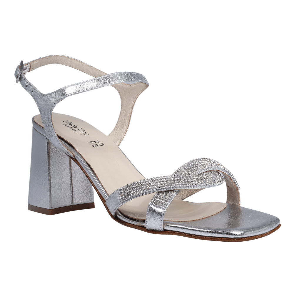 Ladies genuine leather block heel in silver with diamante/diamond finishings with adjustable ankle strap made in Italy exclusively for Aliverti (LUF1607MARG)