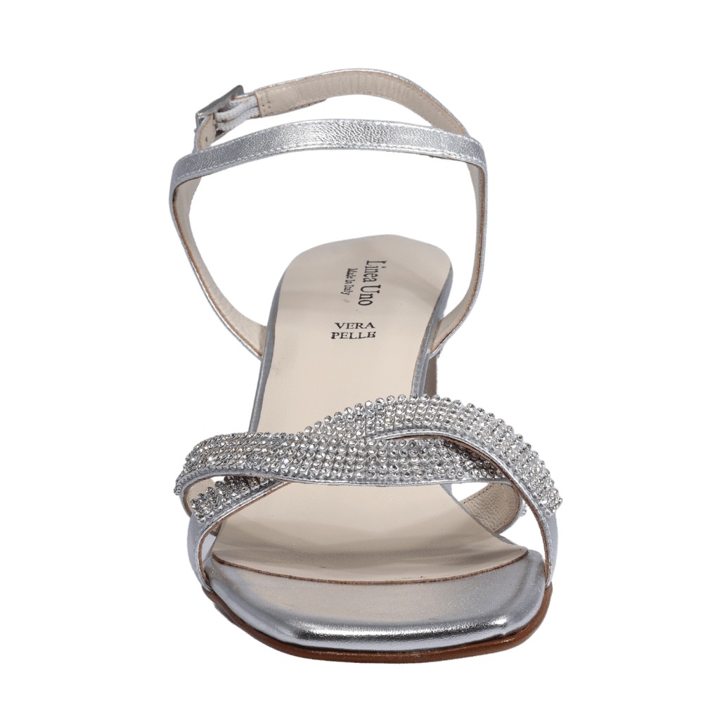 Ladies genuine leather block heel in silver with diamante/diamond finishings with adjustable ankle strap made in Italy exclusively for Aliverti (LUF1607MARG)